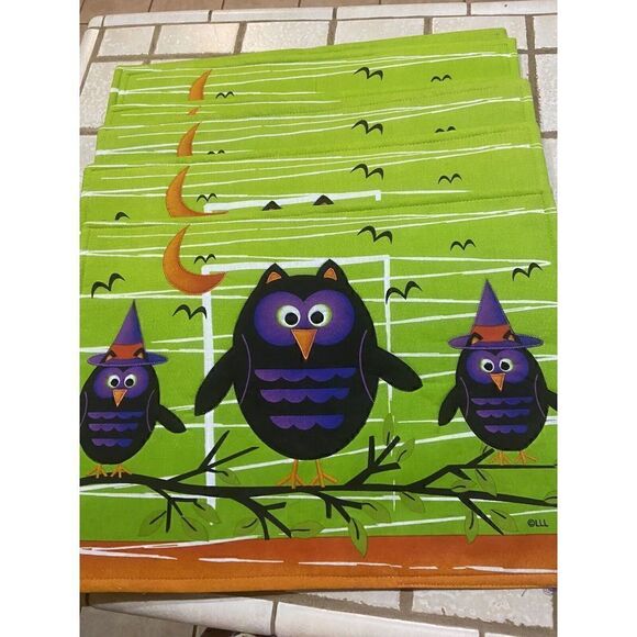 Halloween Placemats Owl Bats, And Owl Witches Black Purple Set Of 6 - Picture 2 of 7